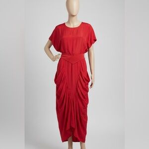Vintage Laura Winston 70s/80s Red Draped Dolman Sleeve Midi Dress w Sash Belt